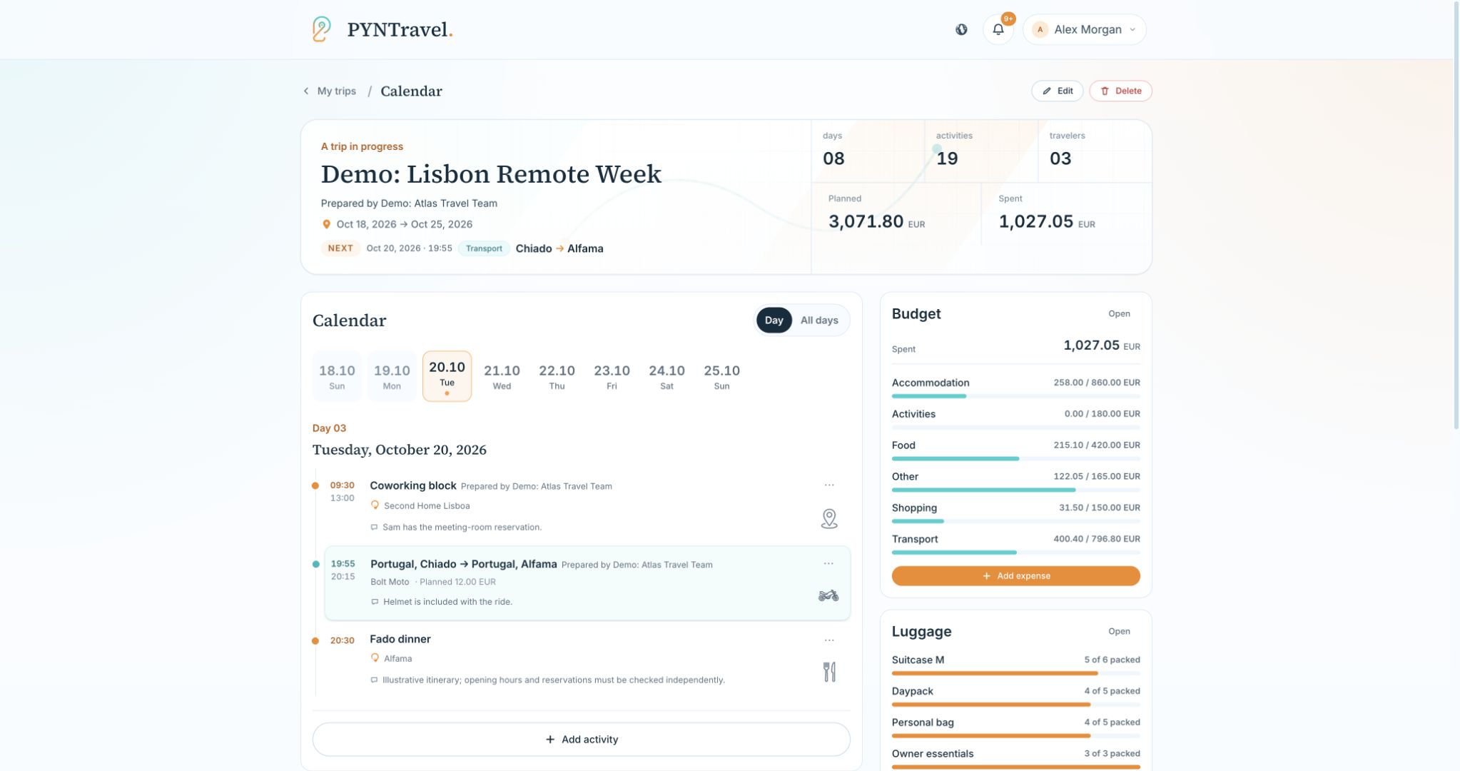 PYNTravel demo showing the Lisbon trip itinerary, budget, and packing progress